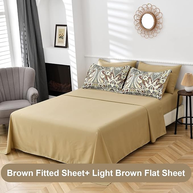 Boho Comforter Set King, 7 Pieces Bed in a Bag Comforter Boho Paisley Pattern Bedding Set Soft Microfiber King Size (1 Khaki Comforter, 1 Flat Sheet, 1 Fitted Sheet, 2 Pillow shams, 2 Pillowcases)