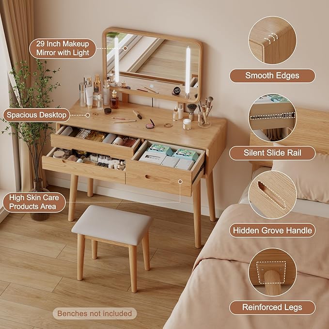 Solid Wood Vanity Desk with Mirror and Lights,Adjustable Height and Brightness, Makeup Vanity with 3 Drawers,Semi-Assembled,Dressing Table for Bedroom (Natural)