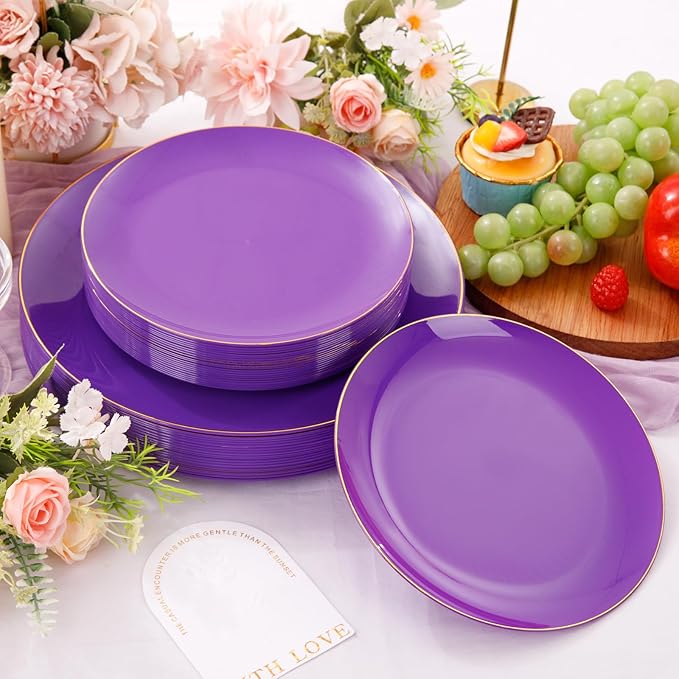 PULOTE 100PCS Purple Plastic Plates - Purple and Gold Disposable Include 50 Each (10.25 Inch Dinner & 7.5 Inch Dessert) Plates, Ideal for Party