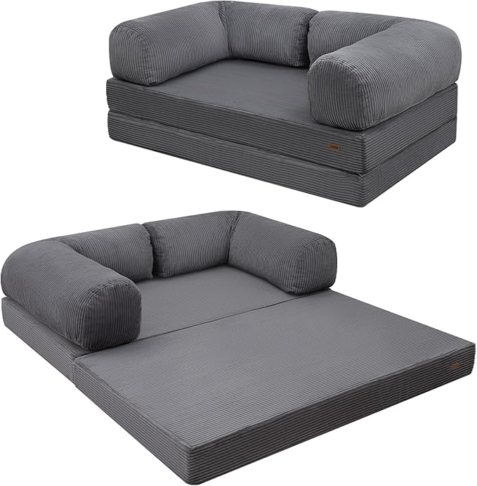 COMAX Futon Sofa Bed, 4-in-1 Floor Foldable Sofa Couch Bed Queen with L-Shaped Armrests, Convertible Folding Chair Bed Sleeper Mattress Fold Out Comfy Lounge for Living Room Bedroom, Grey