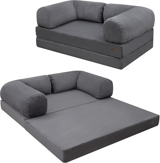 COMAX Futon Sofa Bed, 4-in-1 Floor Foldable Sofa Couch Bed Queen with L-Shaped Armrests, Convertible Folding Chair Bed Sleeper Mattress Fold Out Comfy Lounge for Living Room Bedroom, Grey