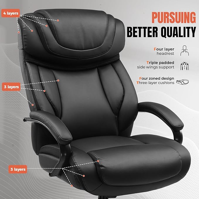 COMHOMA Big and Tall Office Chair 650lbs Ergonomic Office Chair 6 Gear Adjustable Headrest Swivel Rocking Home Office Desk Chairs Leather High Back Executive Office Chairs with Thickened Armrests