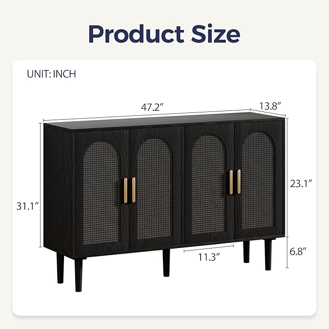 4-Door Rattan Sideboard Buffet Cabinet, 47" Large Storage Cabinet with Shleves, Wood Modern Accent Credenza Kitchen Table for Dining Room, Living Room & Entryway, Black & Grey