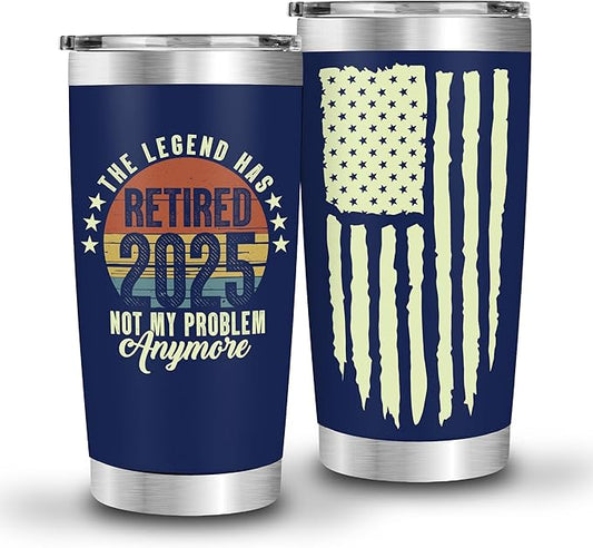 The Legend Has Retired 2025 Navy Tumbler, Funny Retirement Cups for Men – Best Retired Gifts for Him, Husband, Boss, Coworker – Cool Christmas Retirement Presents – Not My Problem Anymore