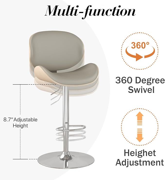 Adjustable Swivel Bar Stools Set of 2, Modern Bentwood Barstool with Large Metal Base and Footrest, PU Leather Upholstered Bar Chair with Curved Back for Kitchen Island Dining Room, Gray