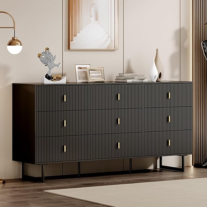 Modern Chest of Drawers with 9 Drawers,Deep Drawers,Clothes Organizer,Large Storage Cabinet for Living Room, Bedroom,Hallway,with Anti-Tipping Device,Matte Black