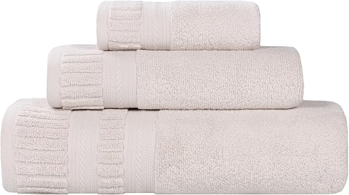 Superior Venice Zero Twist Cotton Medium Weight Towels, for Guest Bath, Bathroom, Shower, Spa, Plush Towels, Bath Essentials, Ribbed Textured Border, 3 Piece Assorted Towel Set, Silver