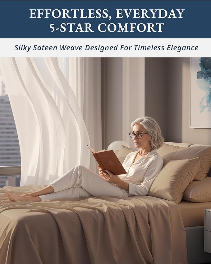LANE LINEN 100% Egyptian Cotton King Sheet Set – Naturally Cooling & Breathable Sateen 4 Piece King Sheets, Authentic Long-Staple Cotton for Lasting Softness, Snug Fit 15" Deep Pocket Fitted - Taupe