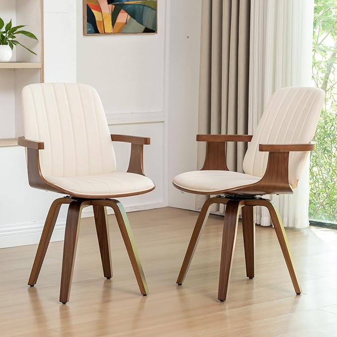 Swivel Dining Chairs Set of 6, Mid Century Modern Dining Chairs with Walnut Craftsmanship, Upholstered Faux Leather , Wooden Arms and Legs, Kitchen Chairs with Arms for Kitchen/Living Room - Beige