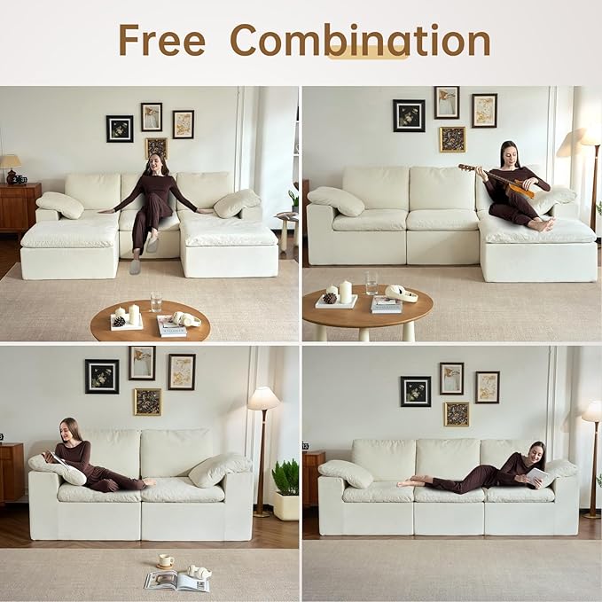 ANONER 108" Cloud Sectional Couches for Living Room, Comfy Fluffy Cloud Couch, L-Shaped Modular Sectional Sofa with Ottoman, White Beige