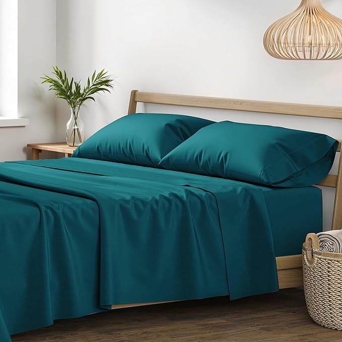 XOOX Linen 100% Egyptian Cotton Sheets King Size - 1200 Thread Count King Size Sheets Set Egyptian Cotton, 4 PC Luxury Bedsheet (Teal), Soft, Cooling, 17" Deep Pocket Sateen Weave Bedsheet Set