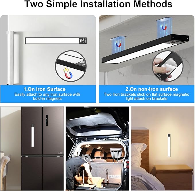 YELKO Motion Sensor Cabinet Lights, 3200mAh Battery Operated Closet Light, Portable Rechargeable Motion Lights, 3 Colors, 5 Brightness Adjustable Motion Lamp for Kitchen Wardrobe Cupboard(Two Pack)