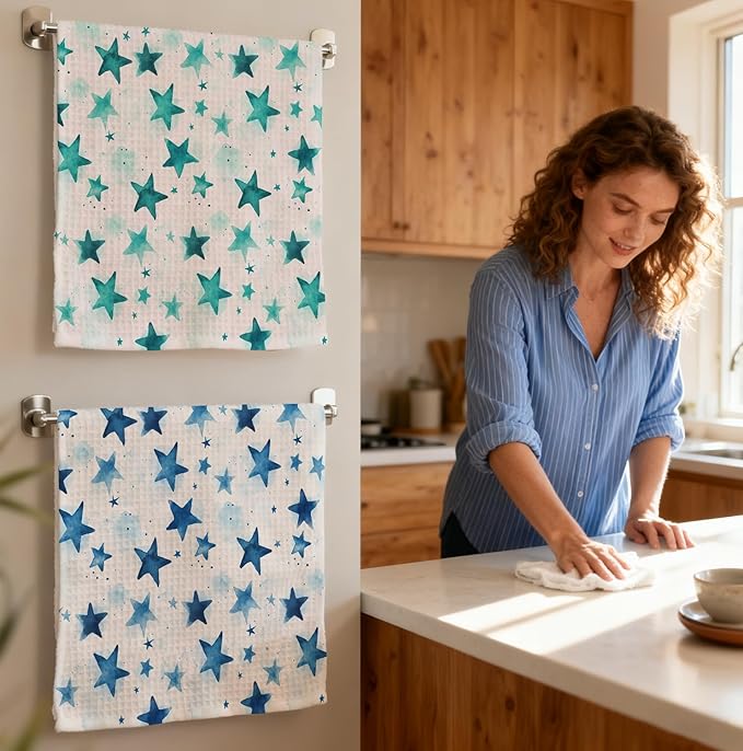 2-Pack Watercolor Star Towel, Star Waffle Towels, Nursery & Bathroom Hand Towel, 16x24 Inch Blue & Azure Dish Tea Towel Decor for Kitchen & Nursery & Bathroom, Gift For Friends & Homeowners.