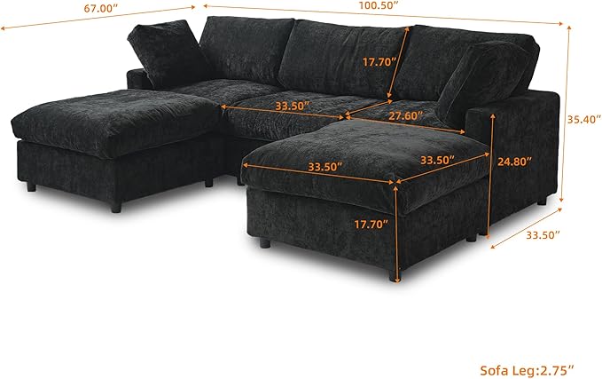 JACH U Shape Sectional Couches for Living Room, Convertible Modular Sofa with Ottomans, Cloud Sectional Couch, Sofa Covers Washable, Minimalist Couch for Living Room, Apartment, Black