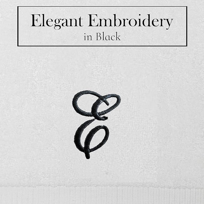 White Monogrammed Hand Towels for Bathroom - Luxury Hotel Quality Personalized Initial Embroidered Towel for Powder Room, Spa - GOTS Organic Certified - Set of 2 Black Letter E