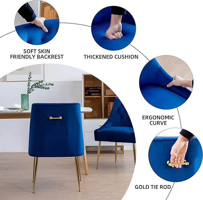 Modern Dining Chair Set of 4, Mid-Century Room Chair, Upholstered Comfortable Velvet with Back Pull Rod and Metal Legs for Kitchen, Dining, Living (Blue) (DYXSD)