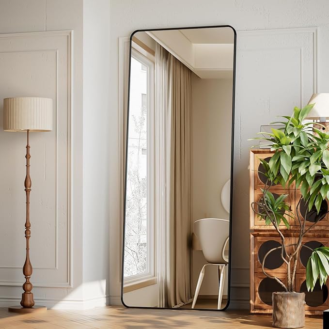 65"x24" Floor Full Length Mirror Standing Full Body Rounded Corner Rectangle Mirrors with Stand Hanging Wall Mounted Leaning Bedroom Living Room Bedroom Cloakroom,Black
