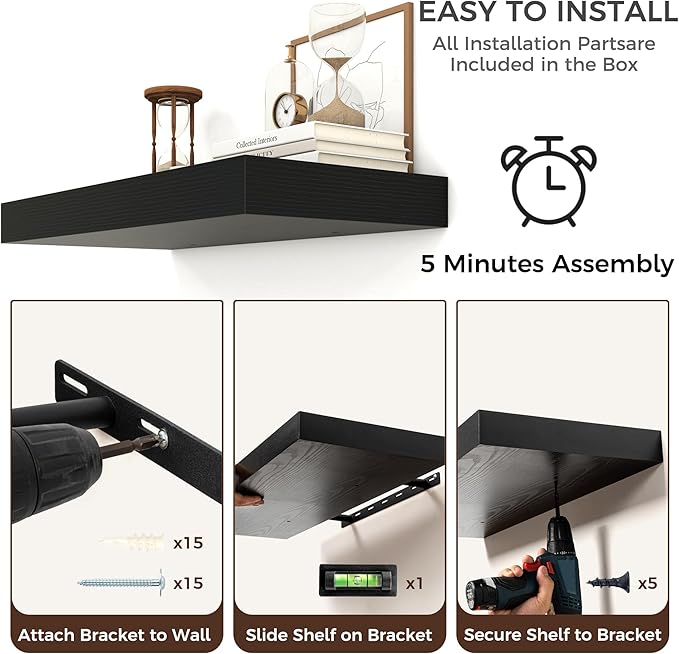 Floating Shelves for Wall, 24 Inch Wide x 12 Inch Deep Floating Shelves, Long Wood Floating Wall Shelf Shelves for Living Room Bathroom Bedroom Kitchen Home - (Black, 24" W x 12" D x 2" H)