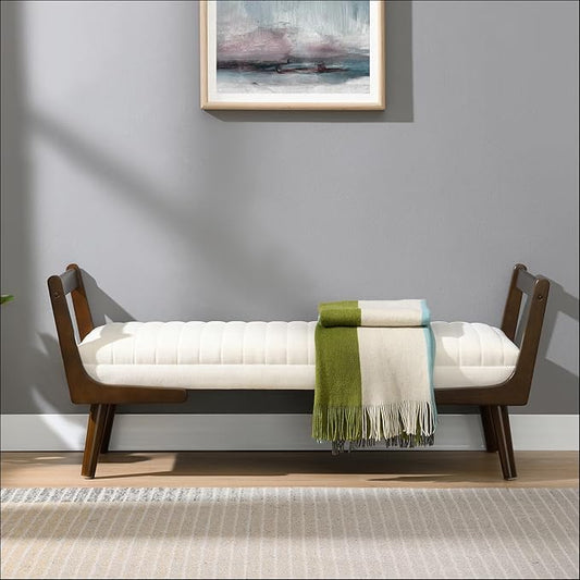 52“ Upholstered Bench for End of Bed, Mid-Century Modern Bedroom Ottoman with Soft Chenille Fabric & Walnut Wood Legs, for Living Room, Entryway (Beige)