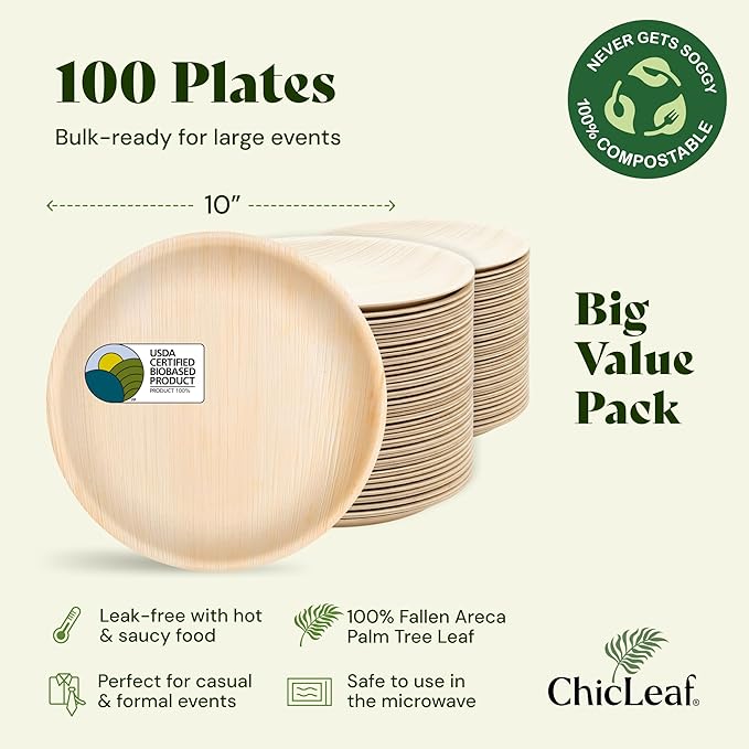 Chic Leaf Round Palm Leaf Plates - 10", Pack of 100 - Durable Party Pack - Cristmas Dinner Eco Friendly Party Supply & Wedding Plates - For Charcuterie Board Accessories, Turkey Holiday Food