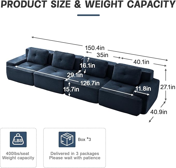 150" Modern Corduroy Cloud Sofa, Boneless Modular Large Sectional Couches for Living Room, Blue 4 Seater Compressed Memory Foam Couch, Extra Deep Seat, No Assembly