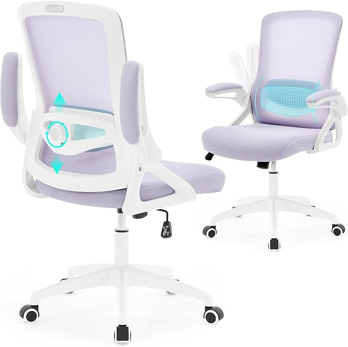 Ergonomic Office Chair, Desk Chair with Adjustable Lumbar Support, Breathable Mesh Comfy Computer Chairs with Flip-up Armrests Executive Task Chair for Adults Home Office(Lavender)