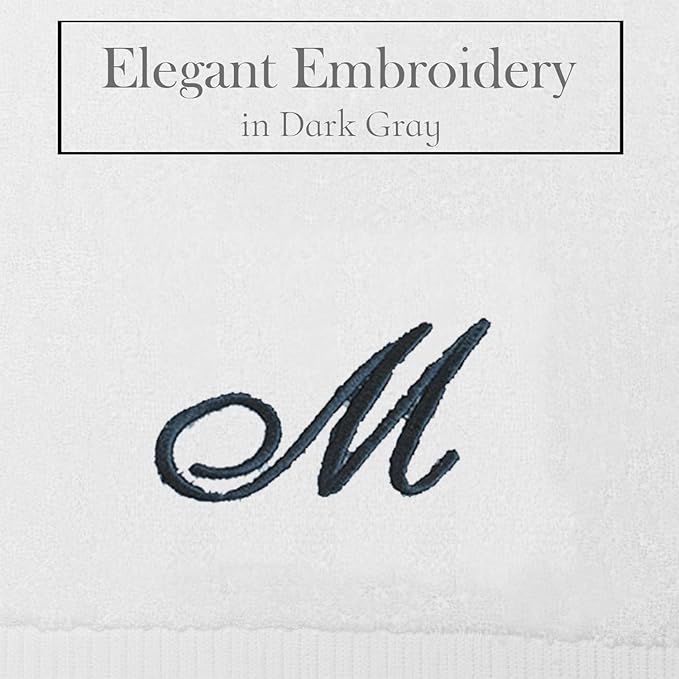 White Monogrammed Hand Towels for Bathroom - Luxury Hotel Quality Personalized Initial Embroidered Towel for Powder Room, Spa - GOTS Organic Certified - Set of 2 Dark Gray Letter M