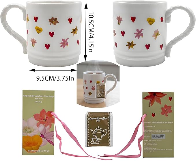 Cute Coffee Mugs Funny Coffee Cup and English Breakfast Tea Set, Reusable Porcelain Cups Coffee Ceramic Cup as Christmas & New Year Gift Ideas for Women and Men(Love flower)