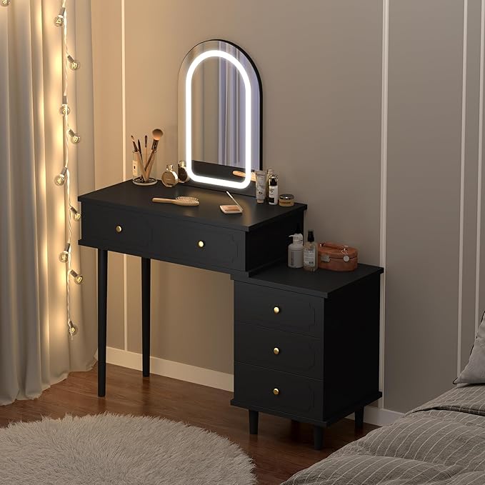 Garvee Makeup Vanity Desk with Mirror and Lights, Modern Black Vanity Table with 2 Drawers & Adjustable 3-Drawer Cabinet, Wood Dressing Table for Bedroom