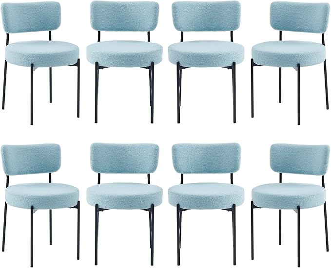 Blue Boucle Dining Chairs Set of 8, Upholstered Dinner Chair with Metal Frame, Dining Room Chairs with Padded Seat, Round Modern Seating for Living Room