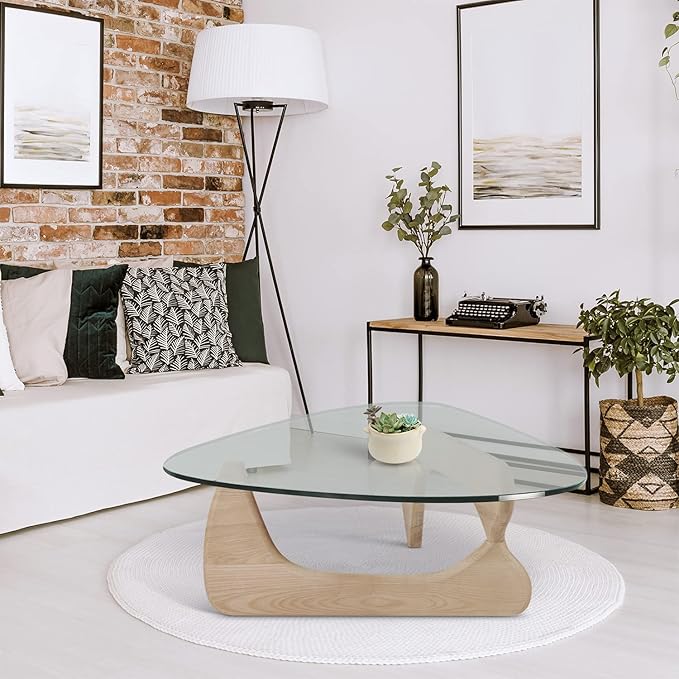 Noguchi Table Triangle Glass Coffee Table Vintage Glass End Table, Solid Wood Base & Triangle Clear Glass Top Modern End Table for Living Room, Patio, Study
