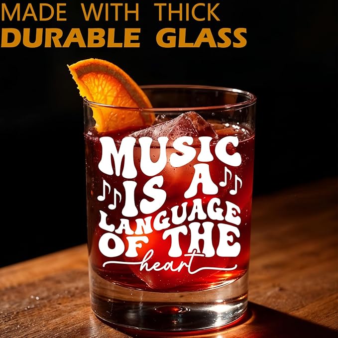 Musical Lovers Gifts Old Fashioned Whiskey Glasses, Music Gifts for Women Men, Music Is a Language Of The Heart 10 oz Rocks Barware Cup for Cocktail Drinks Scotch Bourbon Liquor