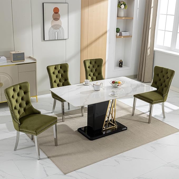 Luxury Upholstered Dining Chairs Set of 4, Olive Green Kitchen Chair with Silver Metal Legs, Velvet Tufted Back Dining Chair, Sillas de Comedor, Modern Kitchen & Dining Room Chairs (Olive, 4 Pcs)