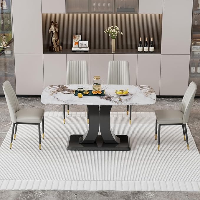 Modern Dining Table Set for 4, Marble Kitchen Table Chair Set for 4, Rectangular Kitchen Table with 4 Pu Leather Upholstered Chair for Dining Room