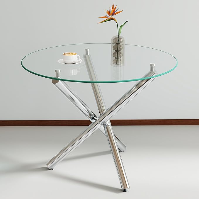 36" Round Glass Dining Room Table for 4 with Tempered Glass Top and Silver Chrome Metal Tube Legs, Modern Clear Kitchen and Dinner Table for Home Office Dining Room