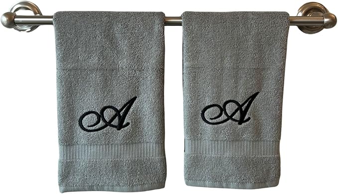 Gray Monogrammed Hand Towels for Bathroom - Luxury Hotel Quality Personalized Initial Embroidered Towel for Powder Room, Spa - GOTS Organic Certified - Set of 2 Black Letter A