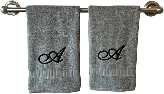 Gray Monogrammed Hand Towels for Bathroom - Luxury Hotel Quality Personalized Initial Embroidered Towel for Powder Room, Spa - GOTS Organic Certified - Set of 2 Black Letter A