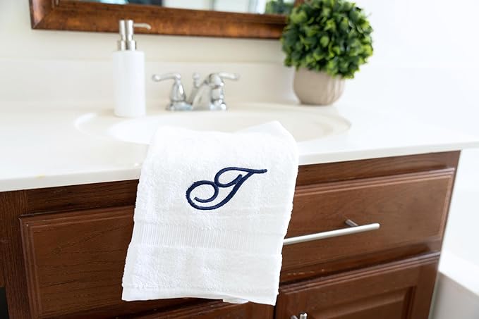 White Monogrammed Hand Towels for Bathroom - Luxury Hotel Quality Personalized Initial Embroidered Towel for Powder Room, Spa - GOTS Organic Certified - Set of 2 Navy Letter T