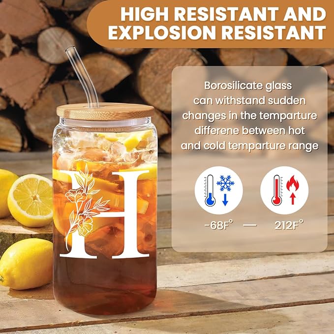 SANDJEST Monogrammed Gifts for Women - Monogram H Initial Glass Cup 16 Oz Can Coffee Cups with Lid and Straw - Monogram Initials Gifts for Womens on Birthday