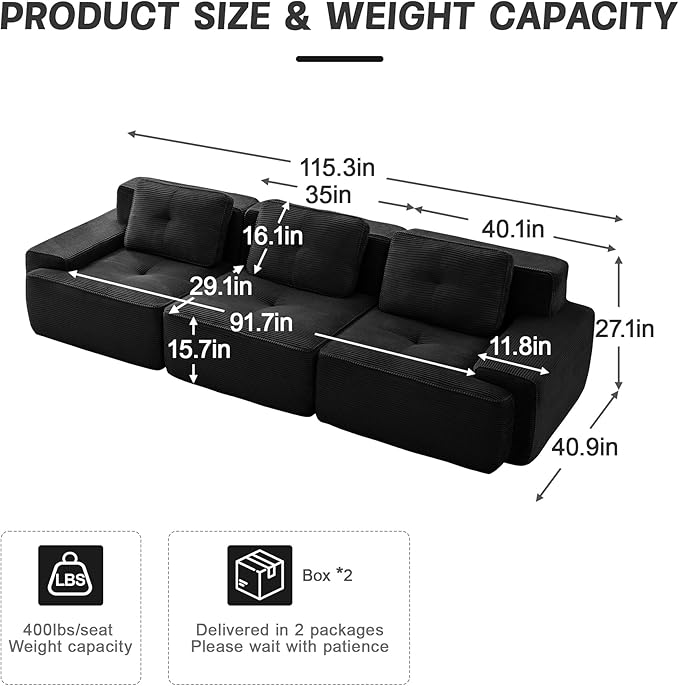 115" Modern Compressed Boneless Couch, 3 Seater Sectional Couches for Living Room, Black Corduroy Cloud Modular Sectional Sofa, Comfy Memory Foam, Extra Deep, Sofas para Sala, No Assembly
