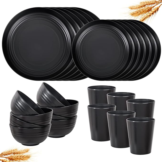 LIYH 24 Pcs Wheat Straw Dinnerware Sets Unbreakable Dinner Plates and Bowls Set Black Plastic Dinnerware Set Include 12Pcs Wheat Straw Plates 6Pcs Bowls 6Pcs Cups Dish Set for Kitchen&Camping