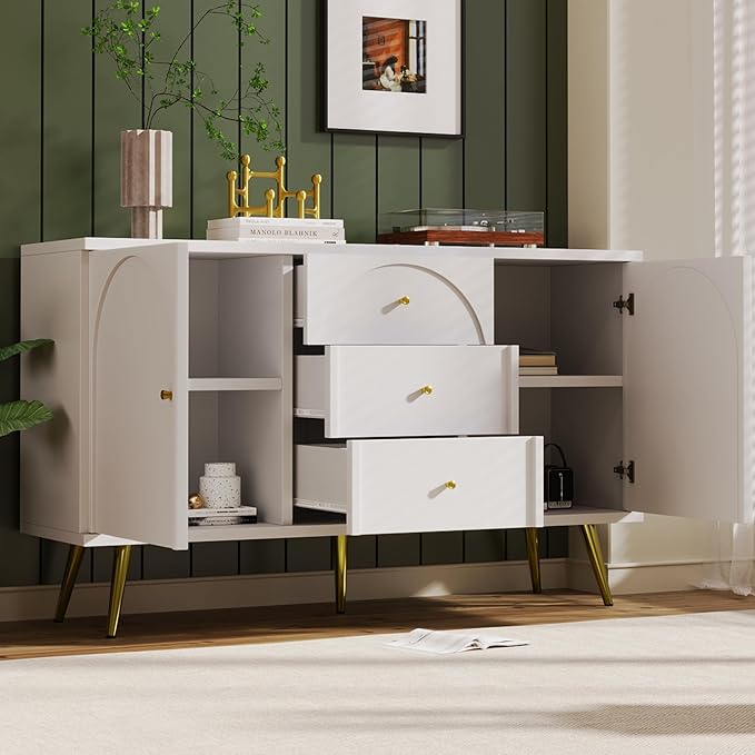 KEIKI 55'' Modern 2-Doors Buffet Sideboard Storage Cabinet with 3 Drawers & Metal Legs, Wood Entryway Console Table for Living Room, Hallway, Dining Room, White