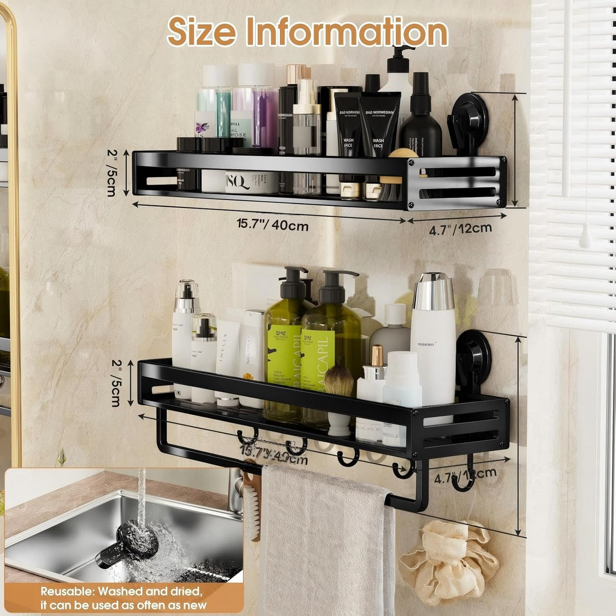 CIBOTIES Suction Cup Shower Caddy with 5 Hooks & Towel Rrack 15.7inch Black