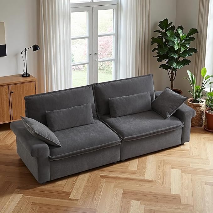 94 Inch Sofa, Oversized Couch with Wide Arms, Modern 2-Seater Sofa w/Throw Pillows, Chenille Fabric, Deep Seat Cushion, Easy Assembly, Comfy Couch for Living Room, Apartment, Office, Dark Grey