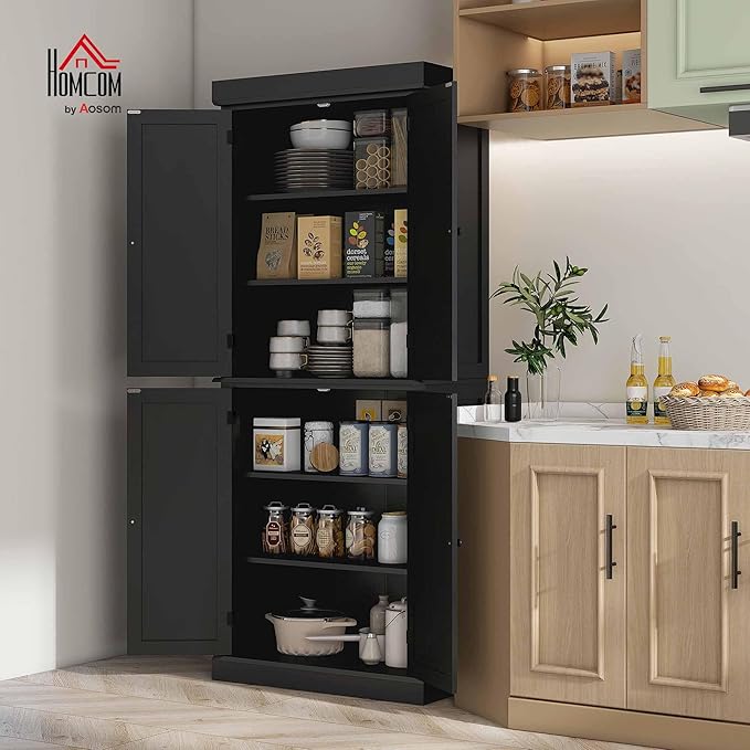 HOMCOM 72.5" Freestanding Kitchen Pantry Cabinet, Tall Storage Cabinet with 4 Doors and 2 Adjustable Shelves for Dining Room, Black