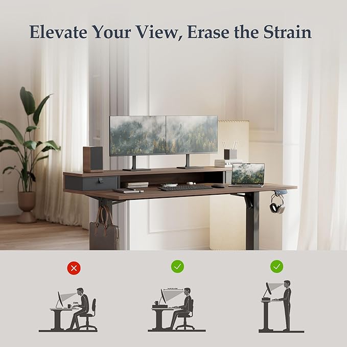 Klicelor 48 Inch Electric Standing Desk with Drawers, Adjustable Height Small Sit Stand Desk for Home Office, Compact Computer Workstation with Storage– Dark Walnut