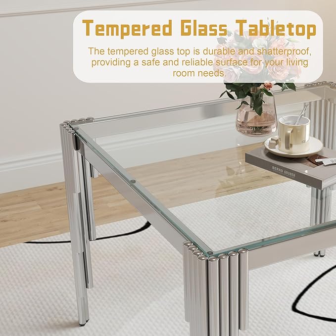 5 Piece Glass Dining Table Set, Morden Kitchen Table Set for 4 with 35" Clear Glass Dining Table and 4 White Velvet Upholstered Chairs for Kitchen, Silver Legs