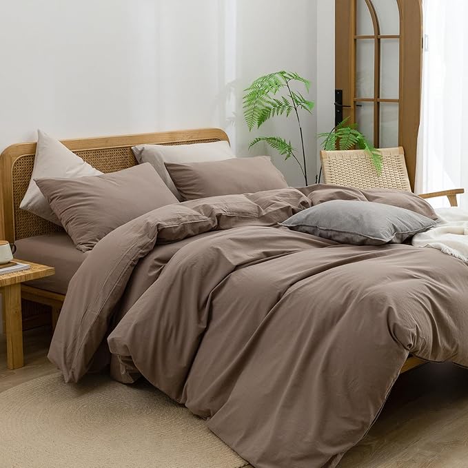 BESTOUCH Duvet Cover Set 100% Washed Cotton Linen Feel Super Soft Comfortable Chic Lightweight 3 PCs Home Bedding Set Solid Pine Bark Brown Oversized King