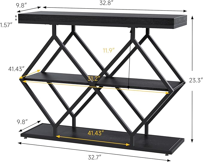 Garvee 3-Tier Entryway Table, Industrial Console Sofa Table with Storage, Accent Table with Open Shelves, Diamond-Shaped Metal Frame, Foyer Table for Entryway, Hallway, Black