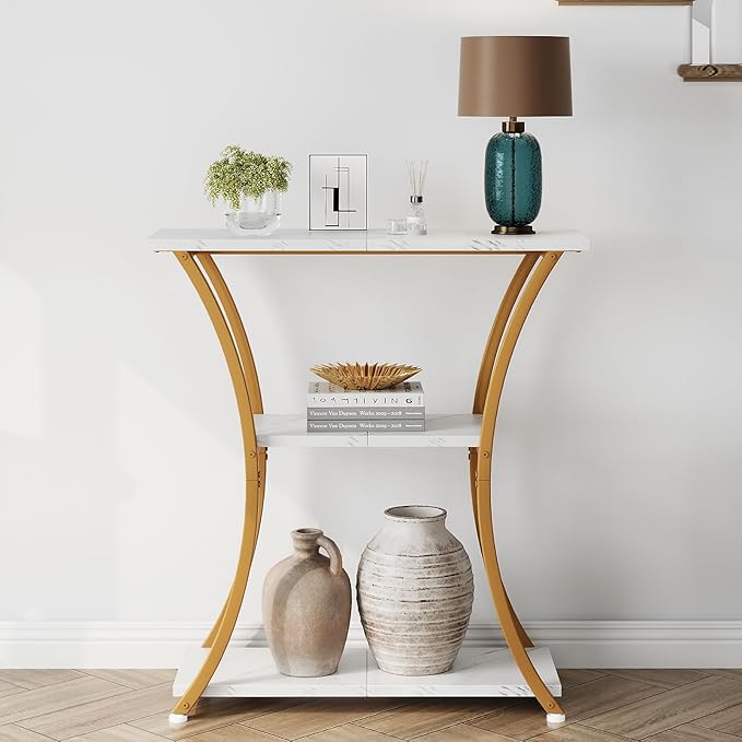 Rustic 3-Tier Console Table with Open Shelves Narrow Entryway Table with Curved Metal Frame Slim Sofa Table for Hallway Living Room or Foyer (Gold White Marbled)
